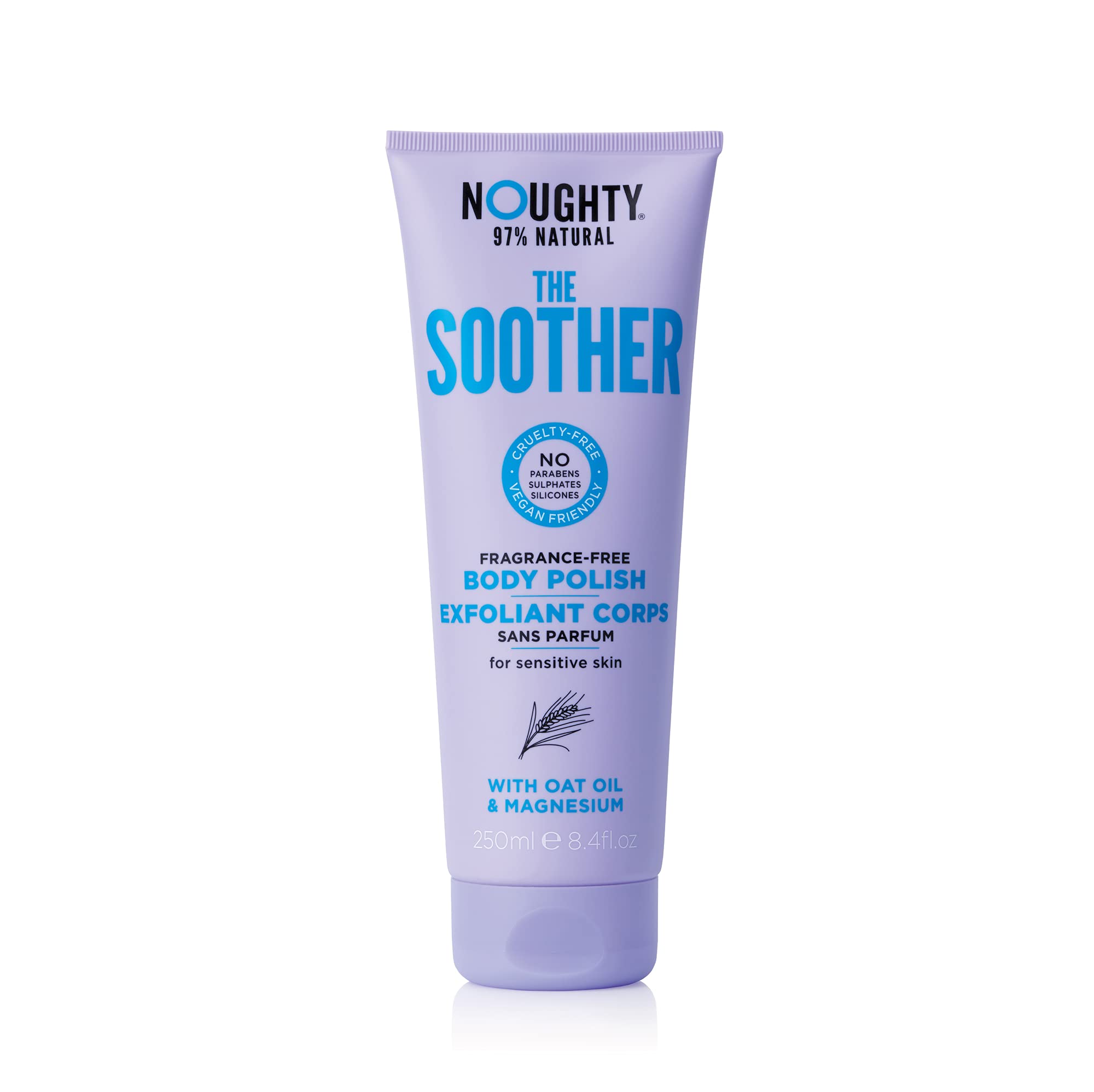 Noughty The Soother Body Polish, Fragrance Free Gentle Moisturising Exfoliating Bath & Shower Wash/Mask, Dermatologically Tested for Sensitive Skin, 97% Natural Sulphate Free Vegan Skincare (250 ml)