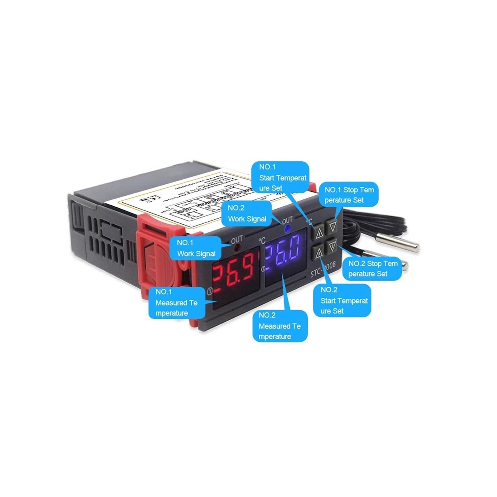 Sterownik temperatury STC-3008 KT99 Cyfrowy regulator temperatury podwójny termostat termoregulacyjny z dwoma wyjściami przekaźnikowymi 12 V 24 V 220 V z grzałką i chłodnicą(DC 12 V)