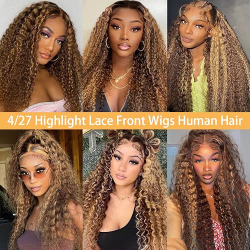 Image of 28inch Highlight Ombre Lace Front Wig Human Hair 13x6 HD Honey Blonde 4 /27 Deep Wave Lace Frontal Wigs Glueless Wigs Human Hair