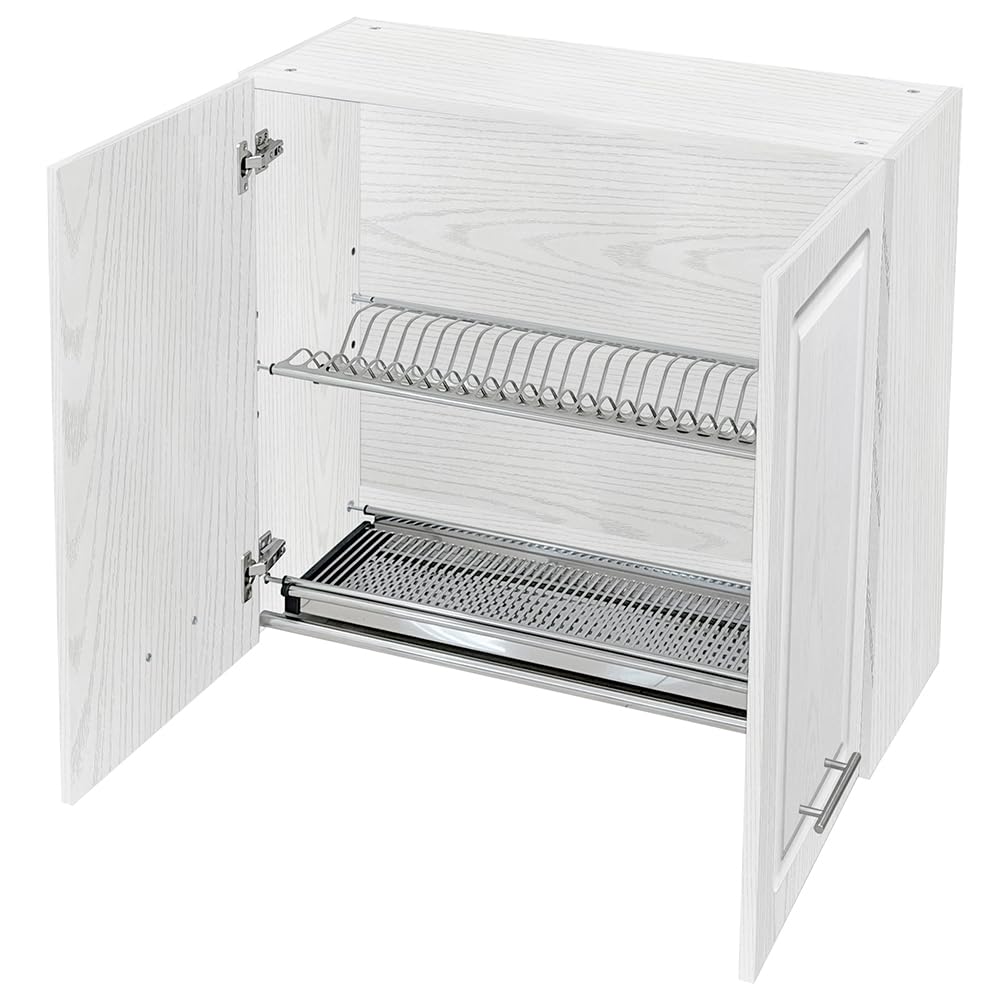 Shally Dogan Pensile Scolapiatti con Vassoio Salvagoccia da Cucina Design Boiserie, Mobile a Parete in Legno Resistente Armadio Sospeso con Due ante e Due Ripiani, 80 x 32 x 72H cm (Bianco Frassianto)