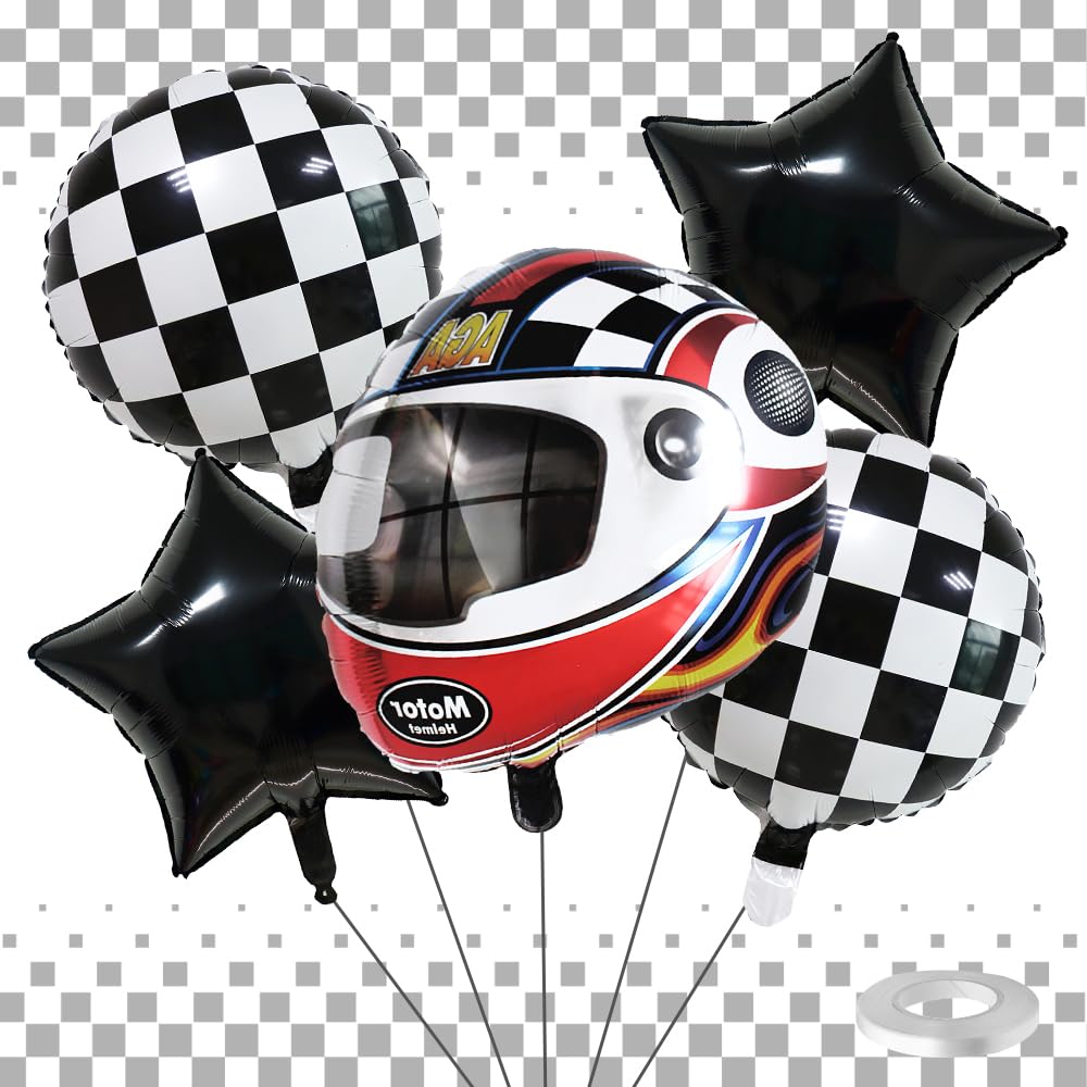 Cars Birthday Decorations, Car Balloon, Birthday Balloons, HSC 5-Piece Racing Car Foil Balloons Set, 22 Inch Helmet & 18 Inch Star Checkered for Party, Themed Party Supplies