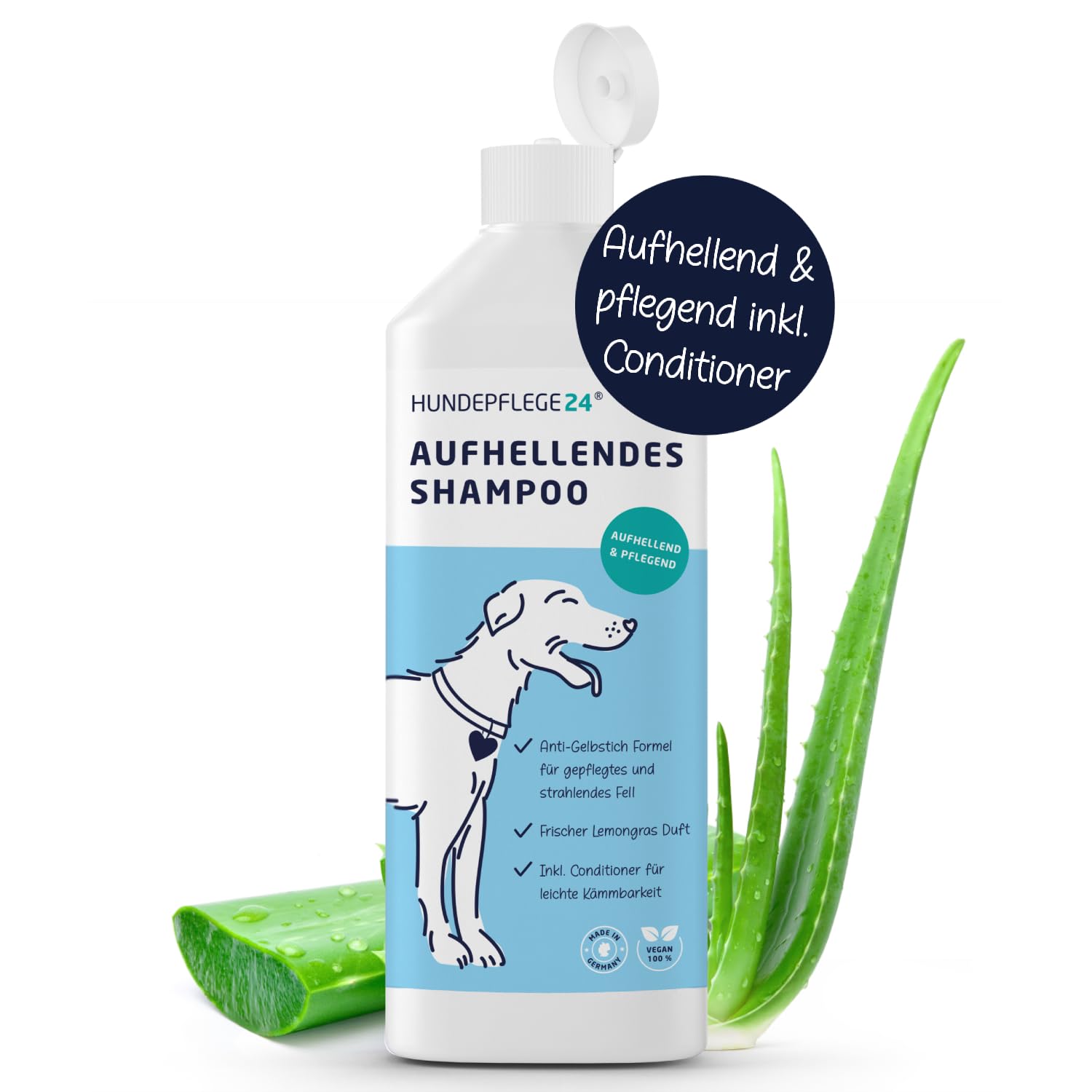Hundepflege24 Hundeshampoo 500 ml – Shampoo & Conditioner für Hunde – Für weißes und helles Fell – Gegen Gelbstich – Fellpflege & Glanz