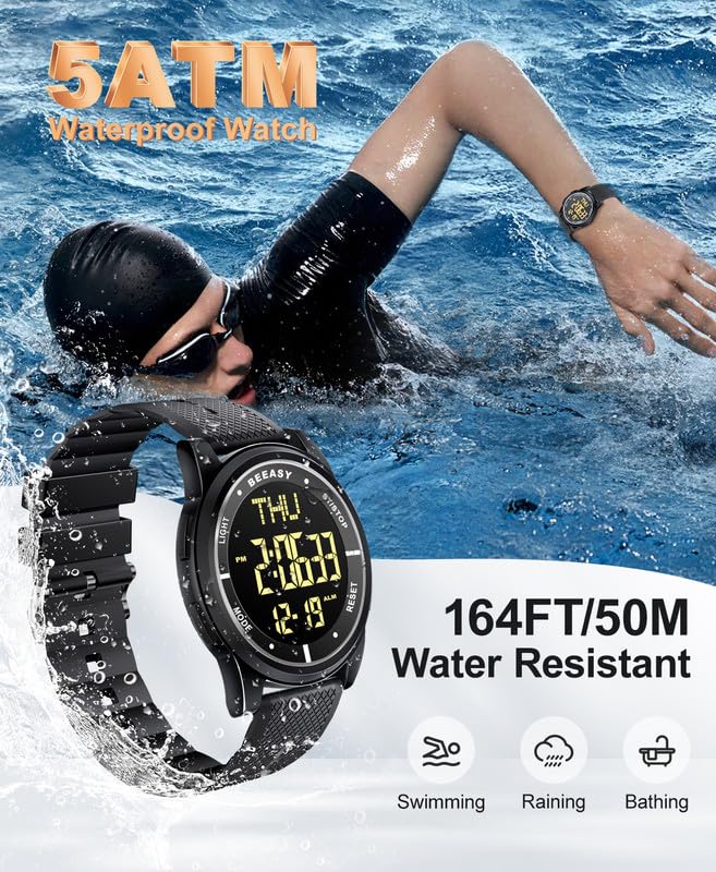 beeasy digital watch waterproof with stopwatch alarm countdown dual time ultra-thin super wide-angle display digital wrist watches for men women