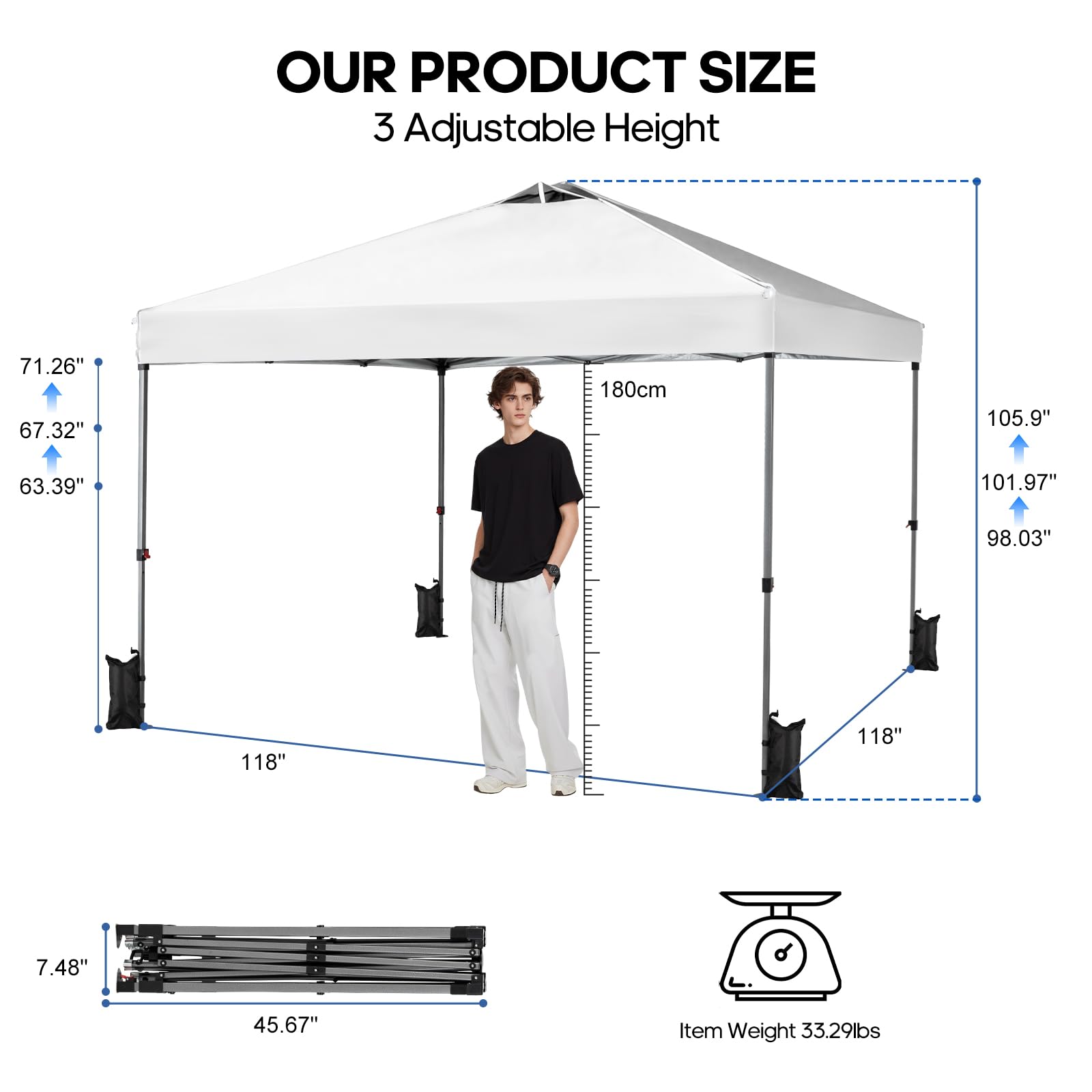 10x10 FT Pop Up Canopy, Easy Up Canopy Tent for Outdoor Patio, Backyard Parties Camping & Beach, Heavy Duty Instant Canopies with 1-Button Setup, 3 Adjustable Heights, UPF 50+ & Wheeled Bag — view 6