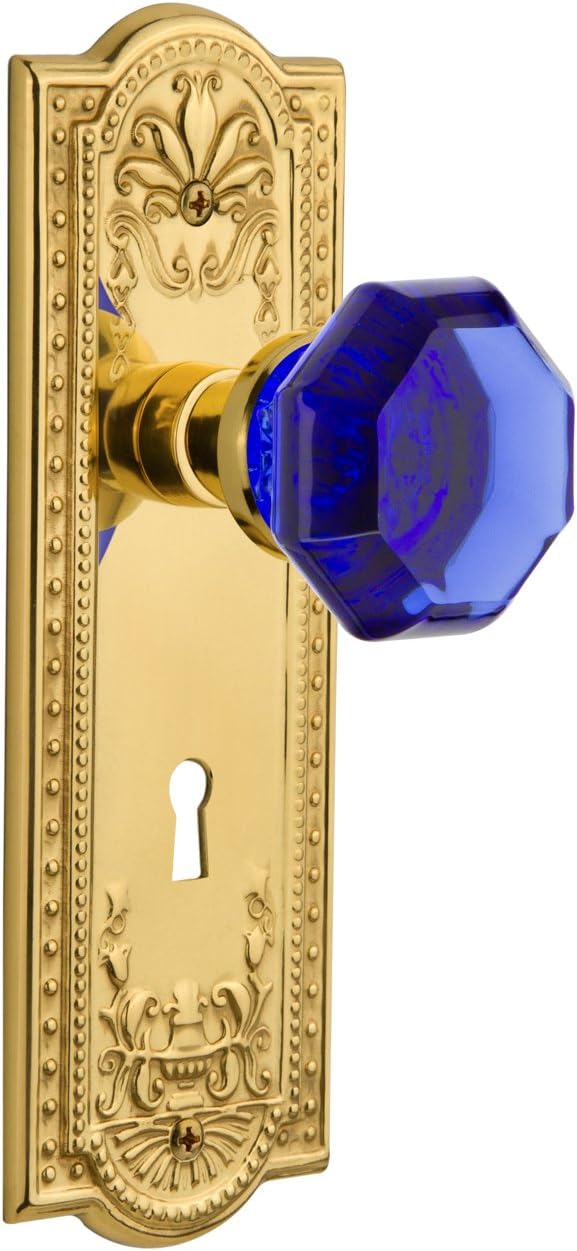Nostalgic Warehouse 723862 Meadows Plate with Keyhole Double Dummy Waldorf Cobalt Door Knob in Polished Brass