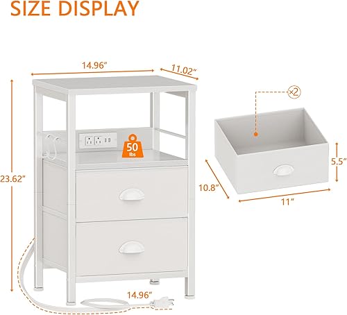 Miniatura 3 de Furologee Mesa auxiliar con estación de carga, mesita de noche con cajones de tela, mesas auxiliares con puertos USB y tomacorrientes, mesita de