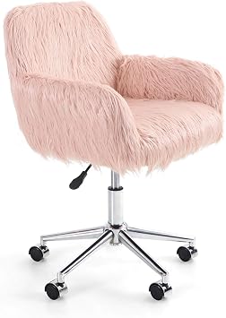 ALPHA HOME Home Office Chair Pink Faux Fur Office Desk Chair Adjustable Vanity Chair Ergonomic Computer Chair Fluffy Makeup Stool Armchair 360 Rolling Swivel Stool 300 Lbs Weight Capacity