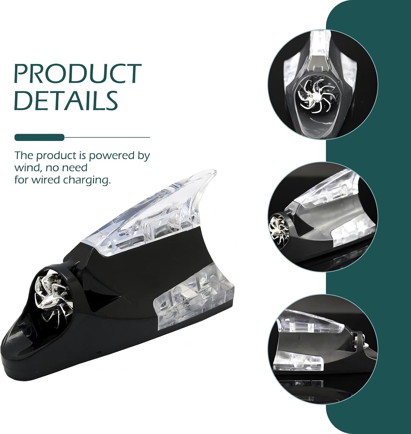 Car Roof Wind Powered LED Light, Shark Fin Antenna Flash Light Ornament, Self-Adhesive Warning Lamp, Waterproof Roof Antenna Decorative Light with LED Strobe, Universal for Most Cars (Black)