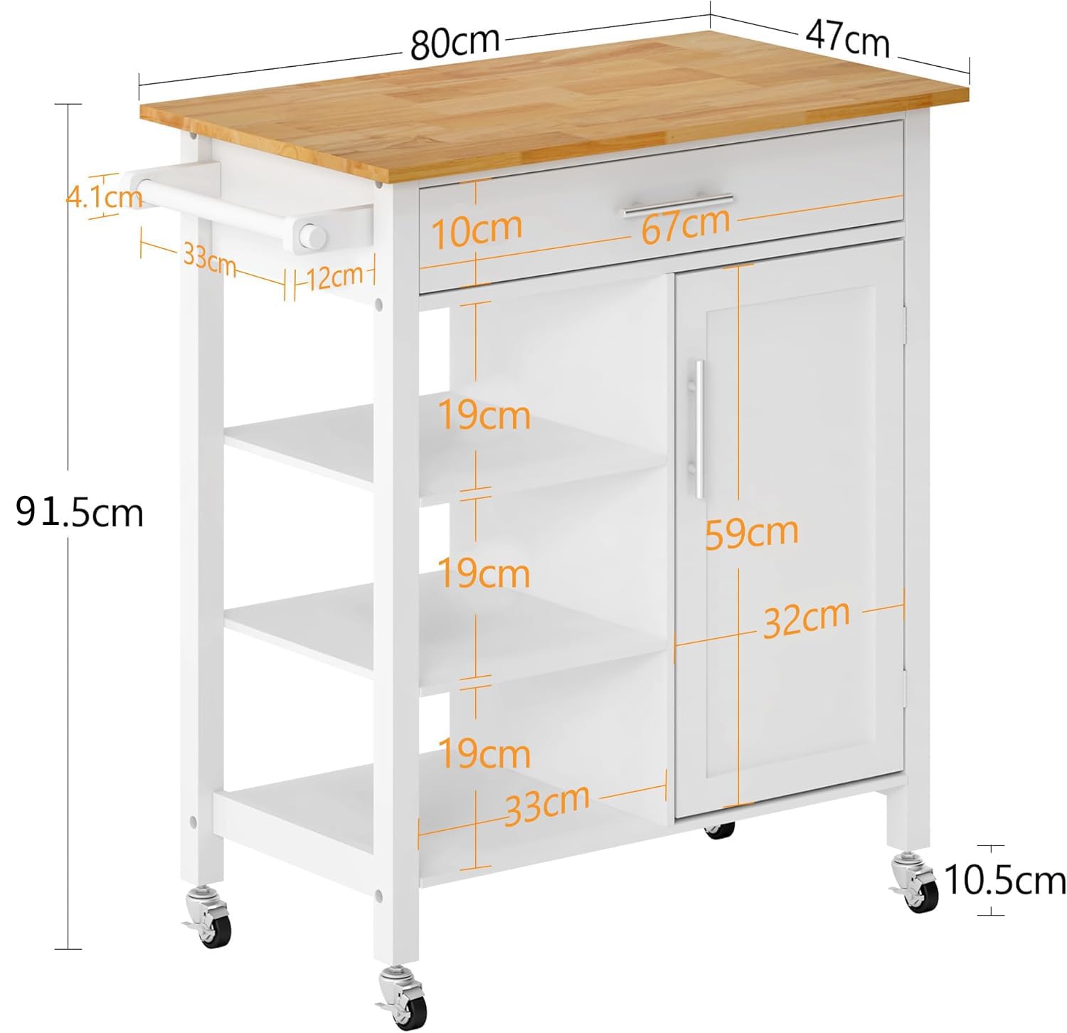 SogesHome Chariot de cuisine mobile îlot de cuisine sur roulettes avec grand tiroir 3 étagères et armoire avec porte et 2 étagères intérieures pour le rangement, 80 x 47 x 91,5 cm