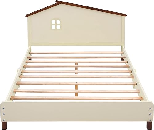Miniatura 233 de Cama de plataforma de madera de tamaño individual con cabecera en forma de casa, soporte de listones de madera, para dormitorio de niños, niñas,