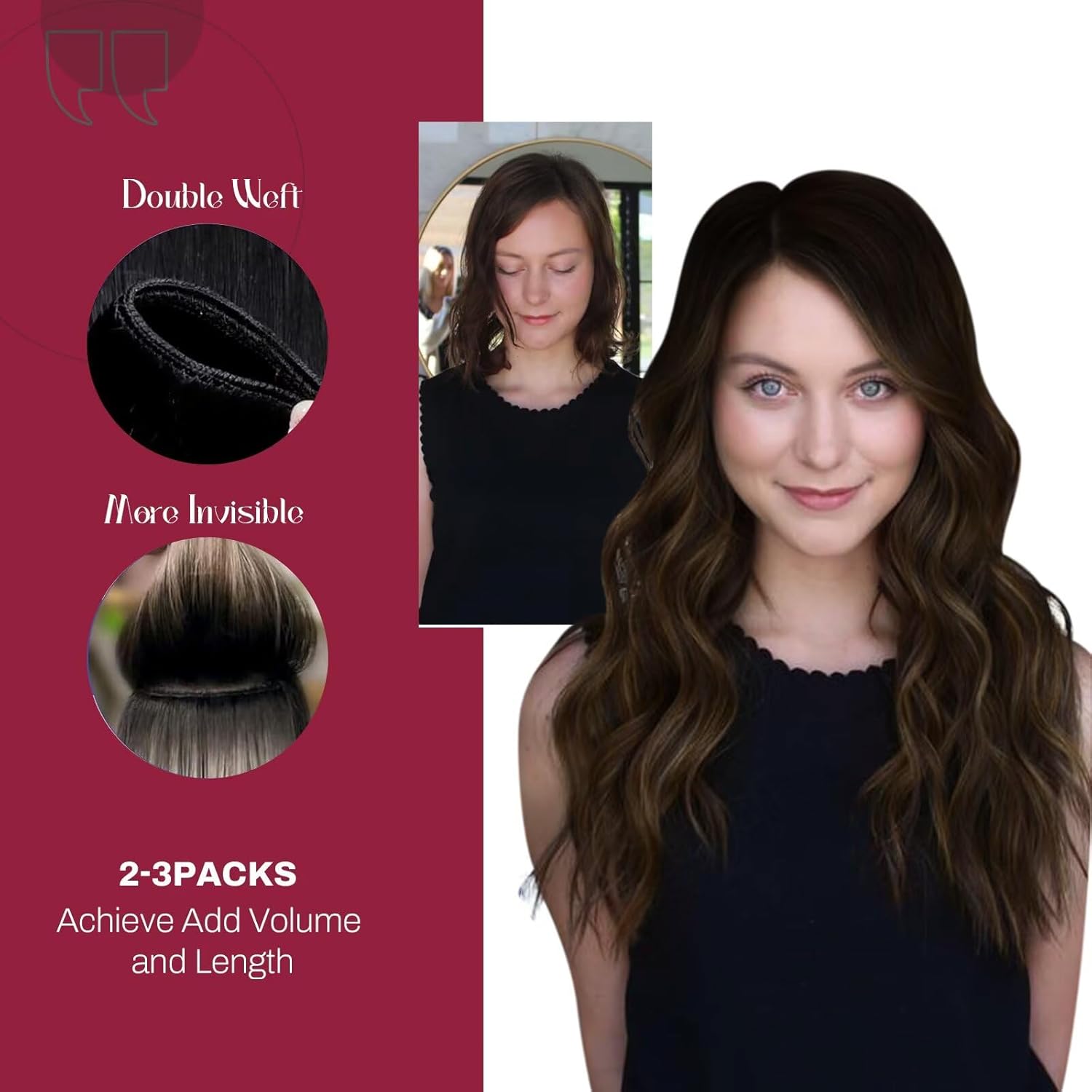 Vivien Sew in Hair Extensions Real Human Hair 16 Inch Weft Extensions Real Remy Hair Dark Brown to Light Brown Double Weft Human Hair Extensions Balayage Straight Hair Weaves 100G