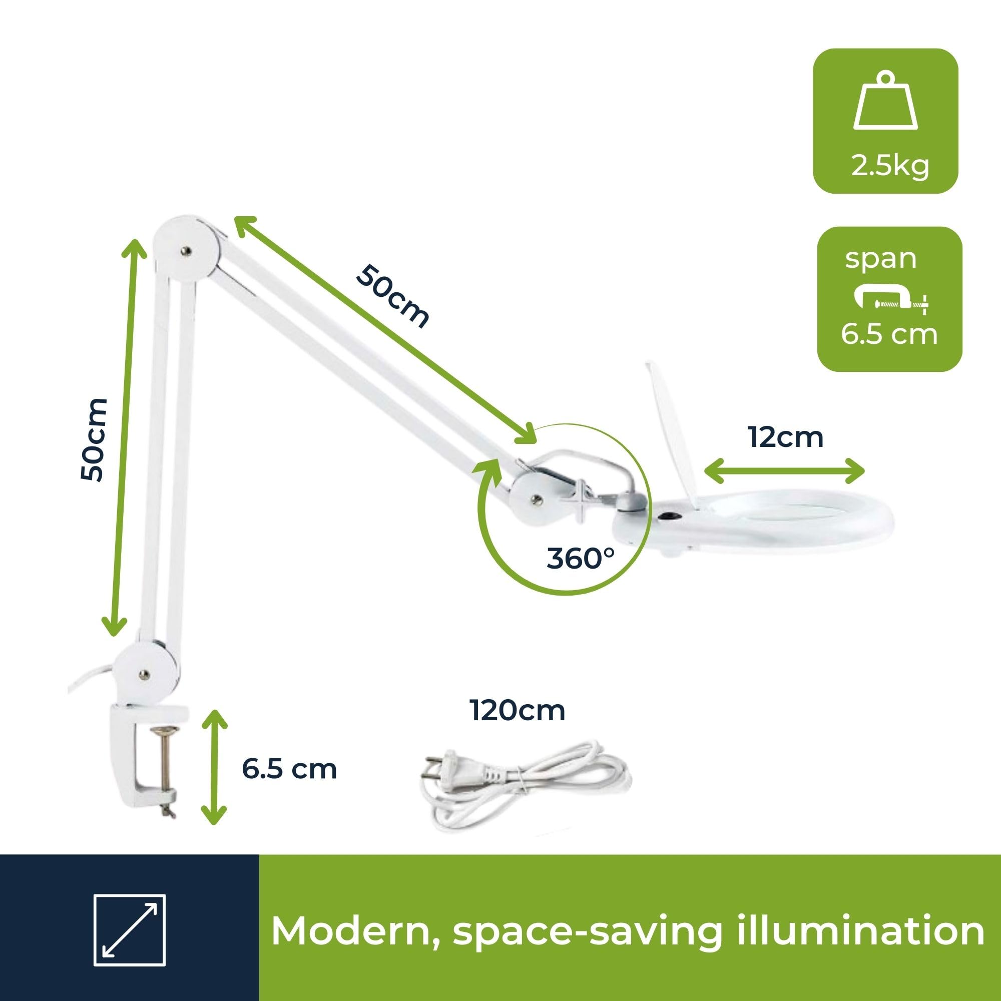Velleman Lámpara lupa LED con pinza, lupa con luz 4 W, 48 LEDs, aumento 2,25x, lente 5 dioptrías 120 mm, luz diurna 6400 K, para lectura, hobby, belleza y precisión