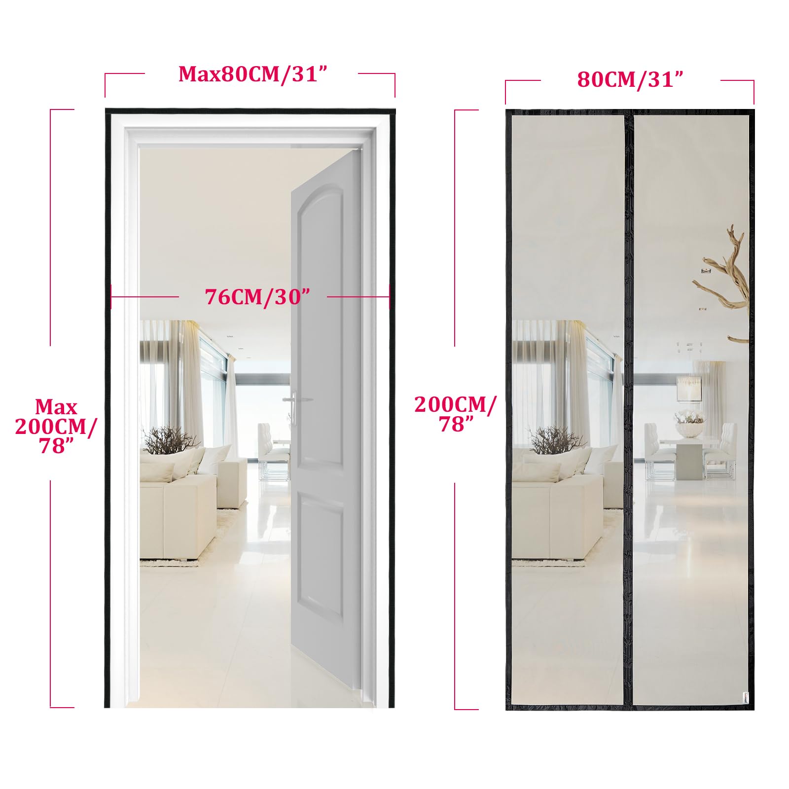 HOOMEE Zanzariera per Porta, 80x200 CM Tenda Magnetica per Porte Finestre e Patio, Magneti Potenti per una Perfetta Chiusura Automatica, Installazione Facile senza Foratura (Nero)