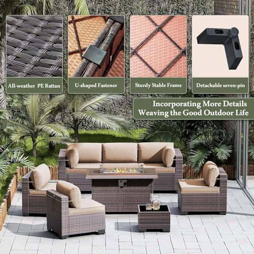 Image of 8 Pieces Outdoor Patio Furniture Set,Outdoor Sectional Furniture with 43 inch 55000 BTU Gas Propane Fire Pit Table,All Weather PE Rattan Wicker Patio Conversation Set,Sand