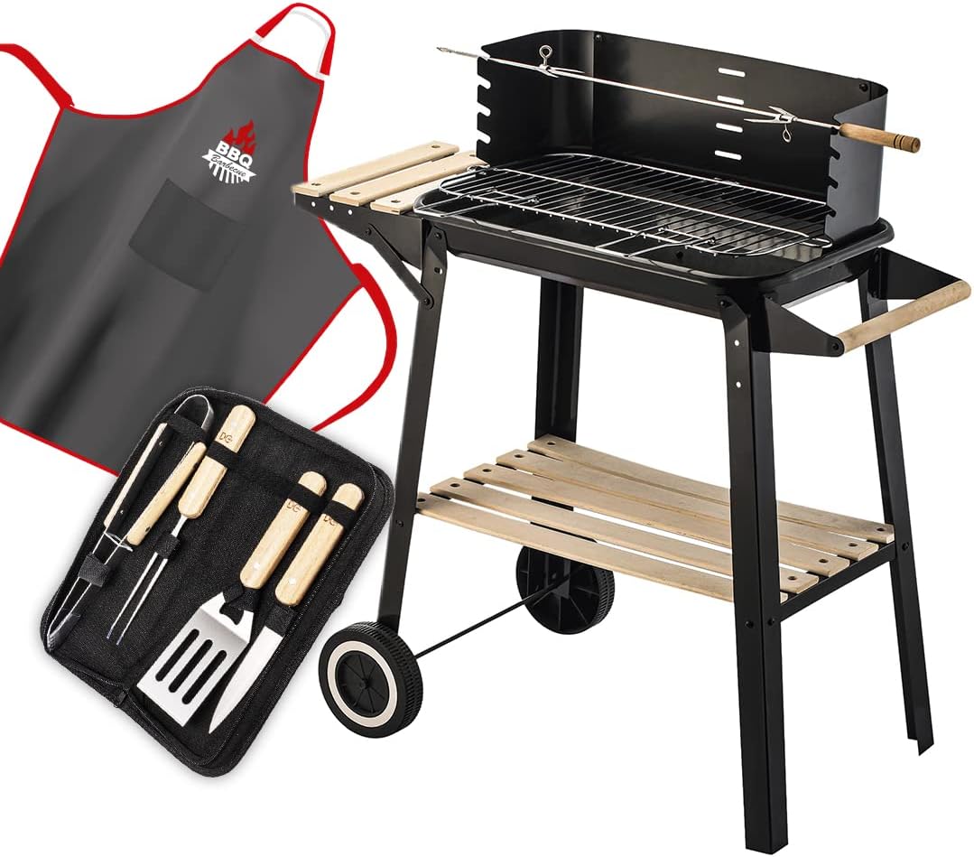 Dc Casa Barbecue a Carbonella Rettangolare con Ruote 83 X45.5 X 87 Cm Bbq Grill Trasportabile,per Vacanze e Campeggio Kit Completo con Grembiule Professionale e Astuccio da viaggio Accessori Cottura