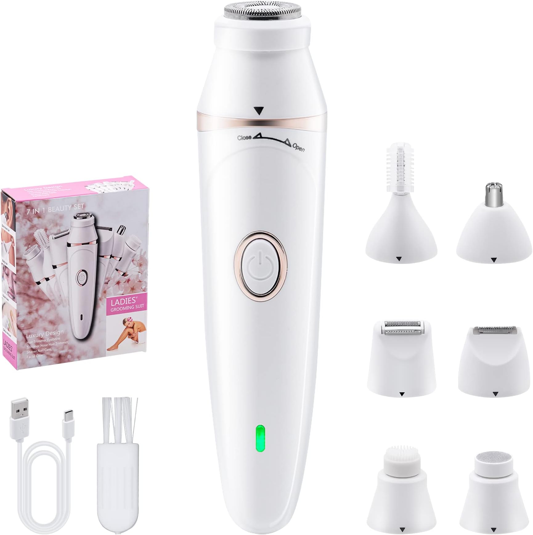 Mcbazel Cordless Electric Lady Shaver, Facial Epilators for Women, 7 in 1 USB Rechargeable Hair Remover with Facial Cleansing Head,Eyebrow Trimmer,Armpit, Bikini and Leg โ White