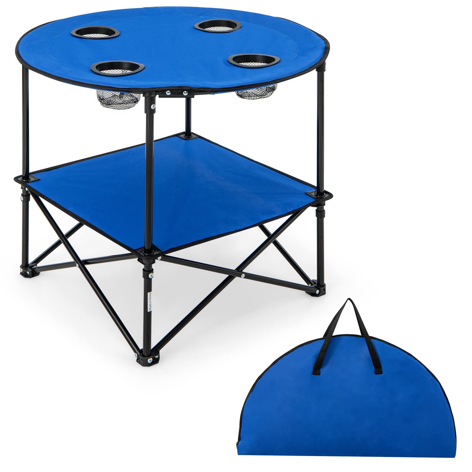 GIANTEX Tavolo da picnic rotondo pieghevole, tavolo da campeggio a 2 livelli con 4 portabicchieri in rete, telaio metallico a forma di X, tessuto Oxford, carico 40 kg, per barbecue, spiaggia, blu