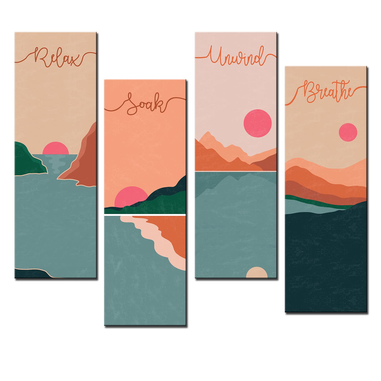 4 Pieces Landscapes Wall Decor Relax Soak Unwind Breathe Bathroom Wall Art Boho Minimalist Wooden Hanging Signs Mountains Rivers Lakes Sun Wall Decor for Home Washroom Living Room 12x4 inch โ image 1