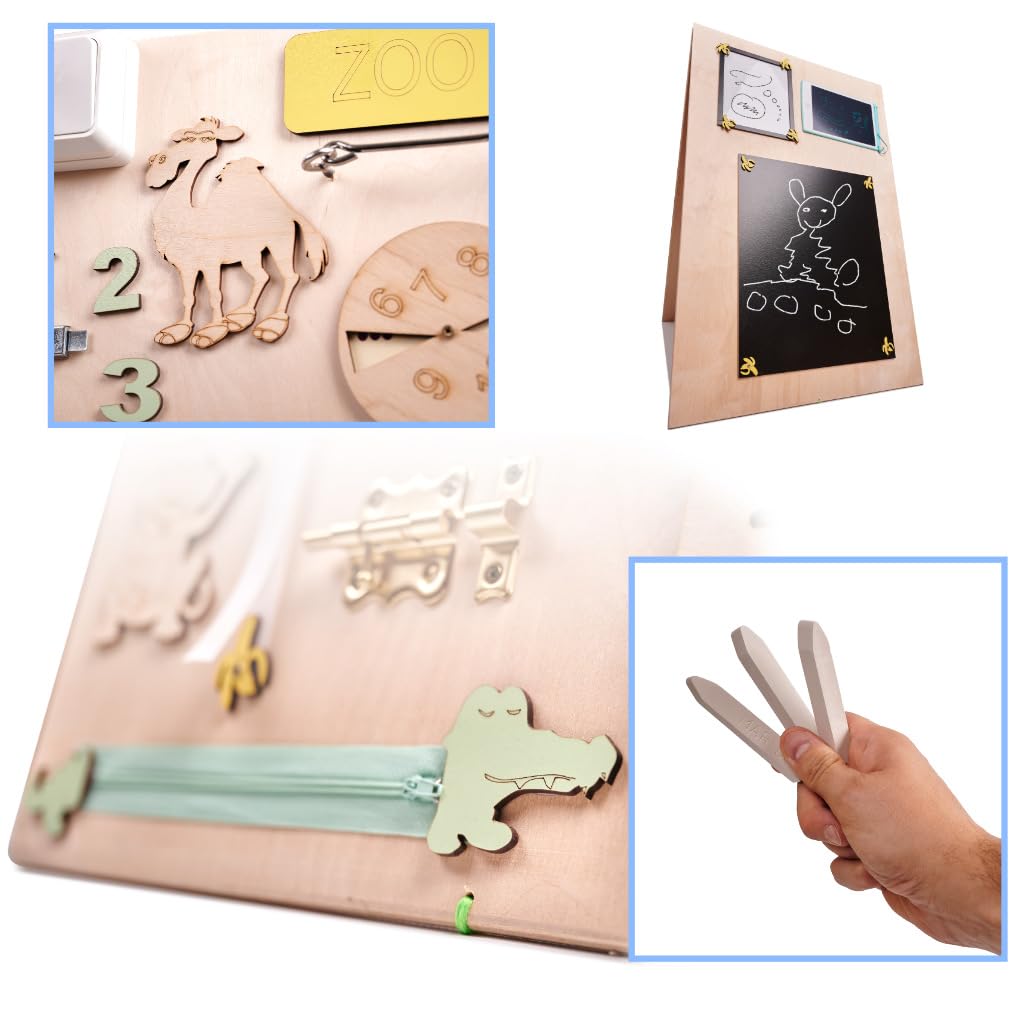 Leo - Quadro di attività sensoriale Montessori Busy Board in legno autoportante double face naturale Zoo 75 cm