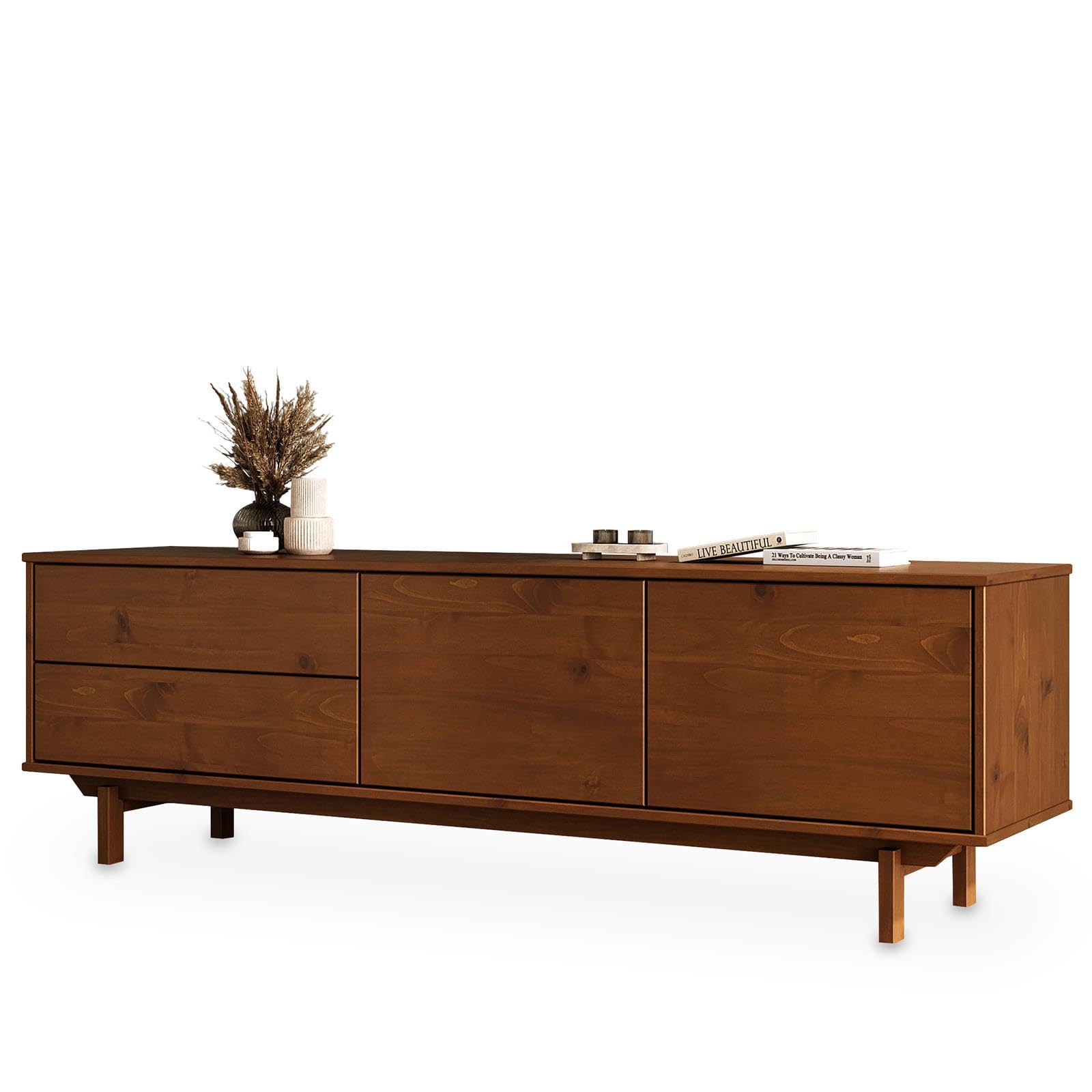 Meuble TV LITA 170 cm, Bois massif, pour TV jusqu'à 60 pouces - Châtaignier