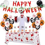 BDSMYEE Halloween Deko Set Horror Skelett Kopf Banner + Blutige Tischdecke + Blut Hand Gedruckte Luftballons + 3D-Schädel + 3 Meter grüne Lichterketteund Spinne, Gruselige Halloween Dekoration