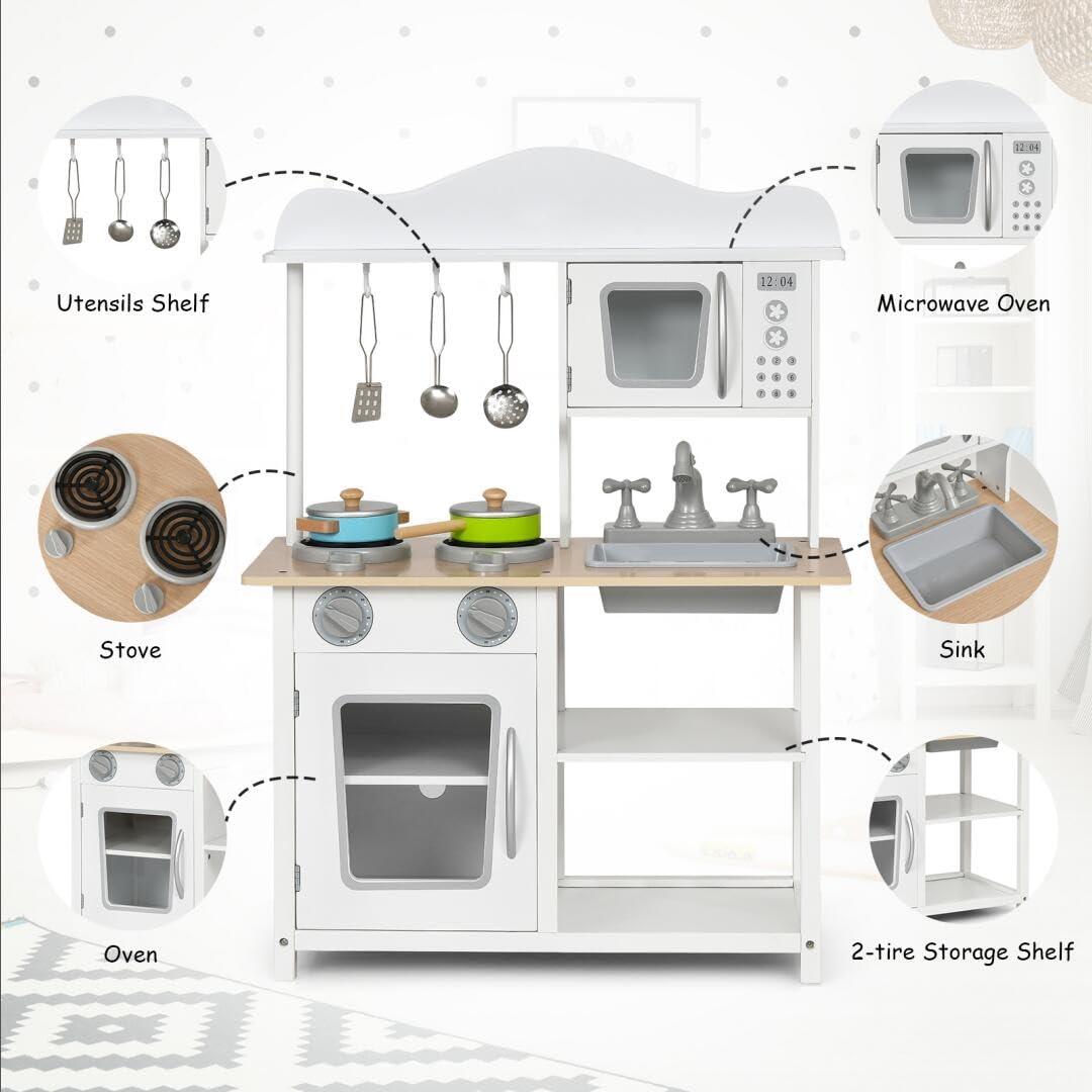 HOMASIS Kinderküche Holz, Kinder Spielküche mit Zubehör, Spielzeugküche mit Spüle Herd Backofen Mikrowelle, Holzküche Küchenspielset Miniküche für Kinder ab 3 Jahre, Weiß, 60x30x83 cm