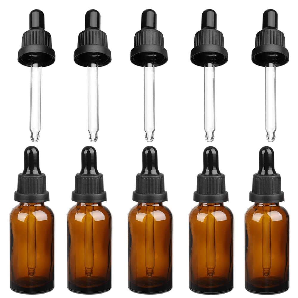 SKYPRO Eye Dropper bottle for Essential Oils, 5 Pack 10ml Amber Glass Bottles with Glass Eye Droppers, and 5Pcs Replacement Dropper
