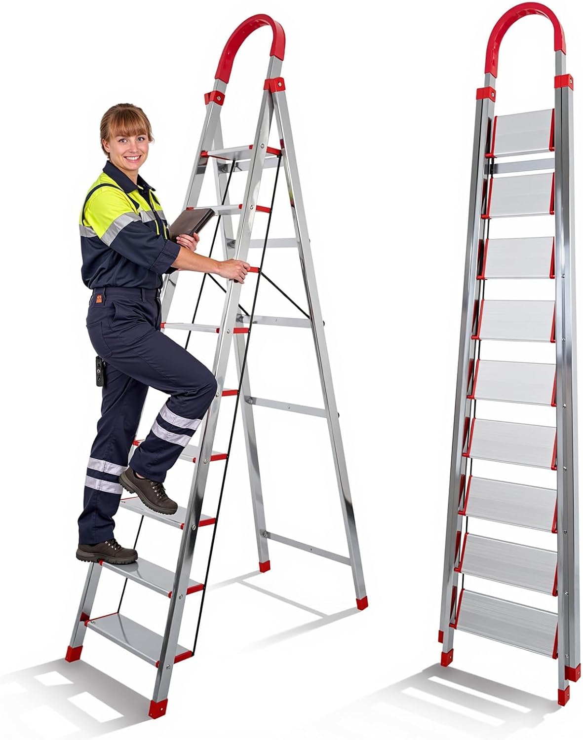 9 Step Ladder with Comfort Handrail, 330Lbs Load Folding Ladder with Wide Anti-Slip Pedal, Heavy Duty Step Stool for Home and Warehouse Use, Sliver