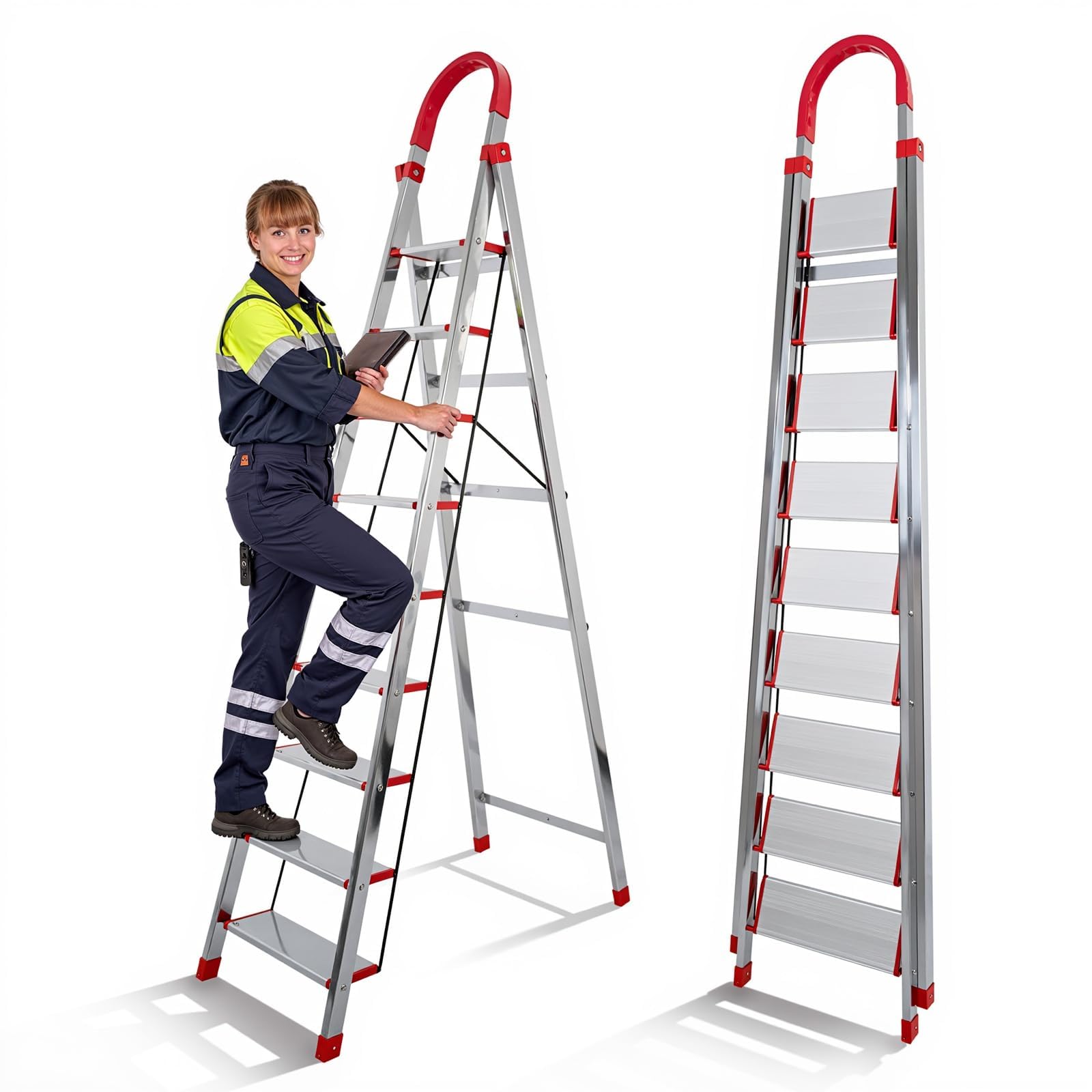 Photo 1 of 9 Step Ladder with Comfort Handrail, 330Lbs Load Folding Ladder with Wide Anti-Slip Pedal, Heavy Duty Step Stool for Home and Warehouse Use, Sliver
