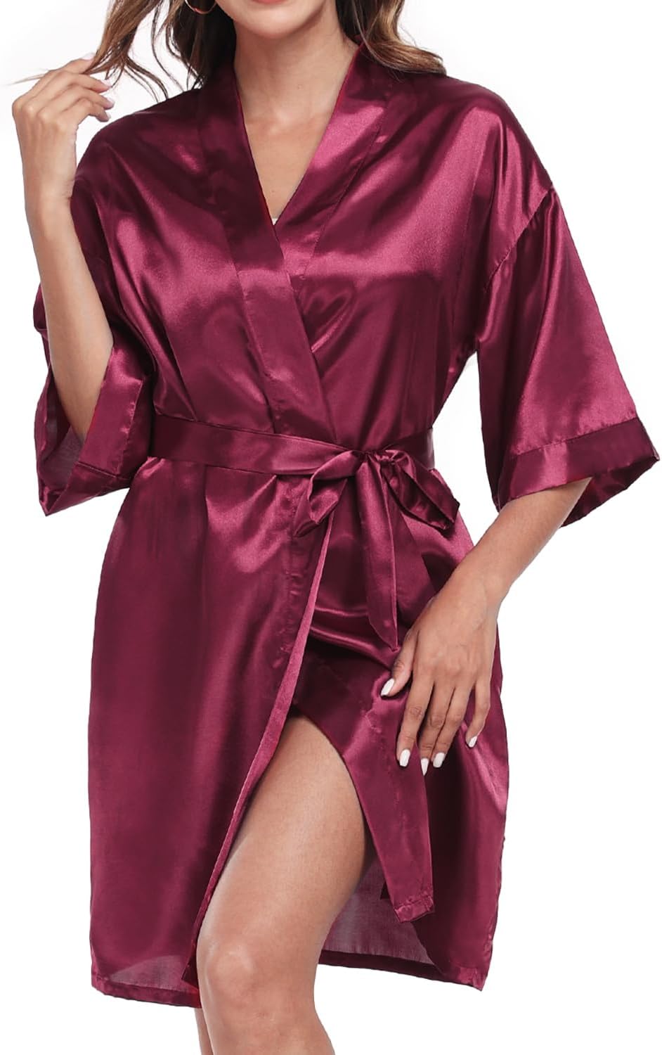 Women's Satin Robe Short Silky Bathrobes Bridesmaid Bride Wedding Party Robes Sexy Kimono Sleepwear with Pockets