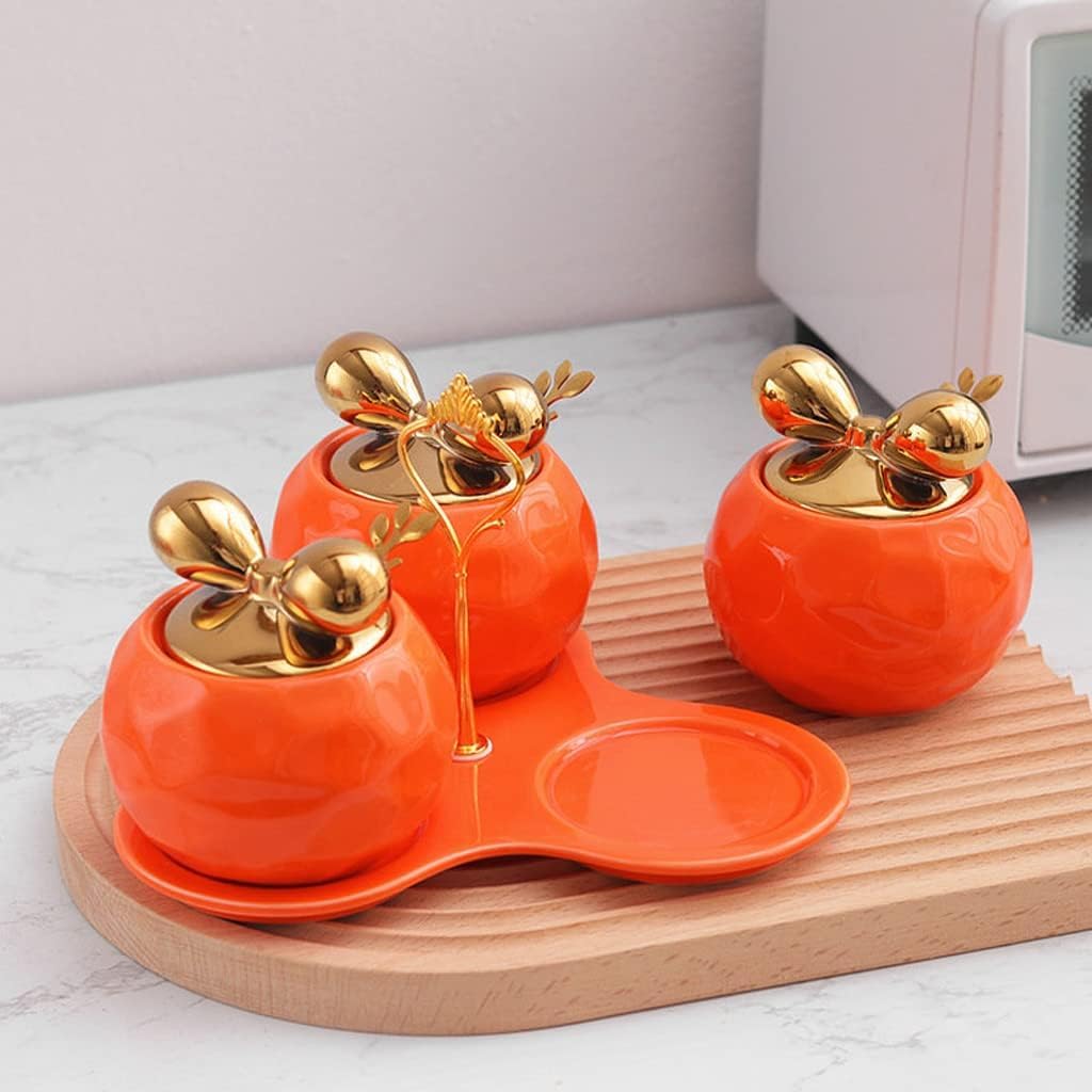 SAeWare Gewürzdose, Gewürzbehälter, Keramik, Gewürzglas mit Tablett und Löffel, Set, Küche, Salz, Zucker, Pfeffer, Gewürzbehälter, Gläser, Küchentheke, Orange