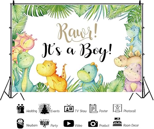 Miniatura 3 de ZARROUEA Cartel de fondo de baby shower de dinosaurio pequeño de 7 x 5 pies con texto en inglés "It's A Boy" ("It's A Boy"), telón de fondo para