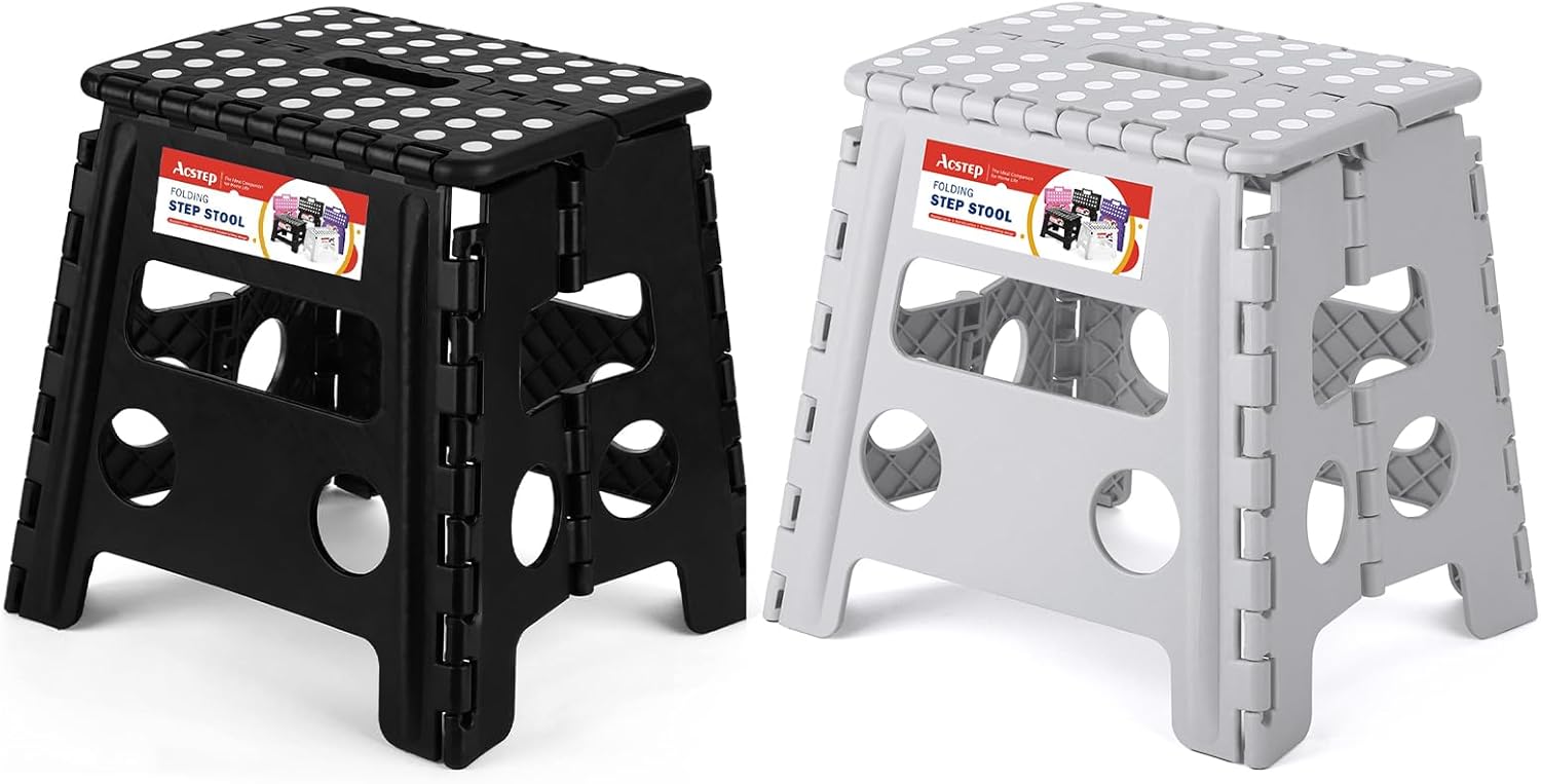 ACSTEP 13 Inch Folding Step Stool for Adults and Kids Holds Up to 300 lb Plastic Foldable Step Stools for Kitchen, Home, Outdoor and Indoor(Black&Grey)