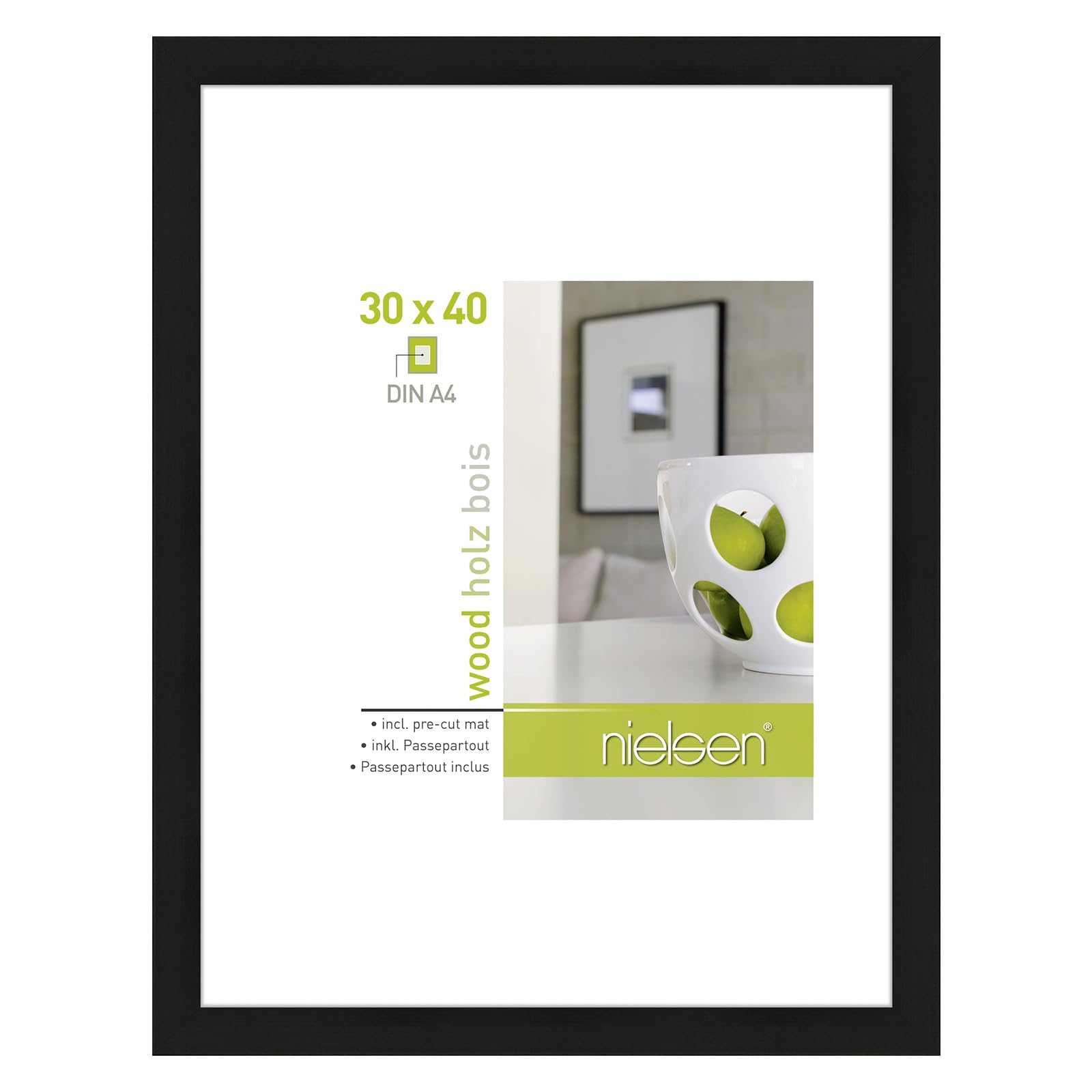 accent by nielsen Apollon Wooden Picture Frame - Black 30x40cm with White Mount for A4 Picture - Float Glass and Easy Push and Turn Clips