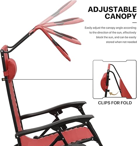 Miniatura 8 de MoNiBloom Juego de 2 sillas Zero Gravity con toldo y toldo reclinable plegable antigravedad, tumbona plegable para exteriores con bandeja