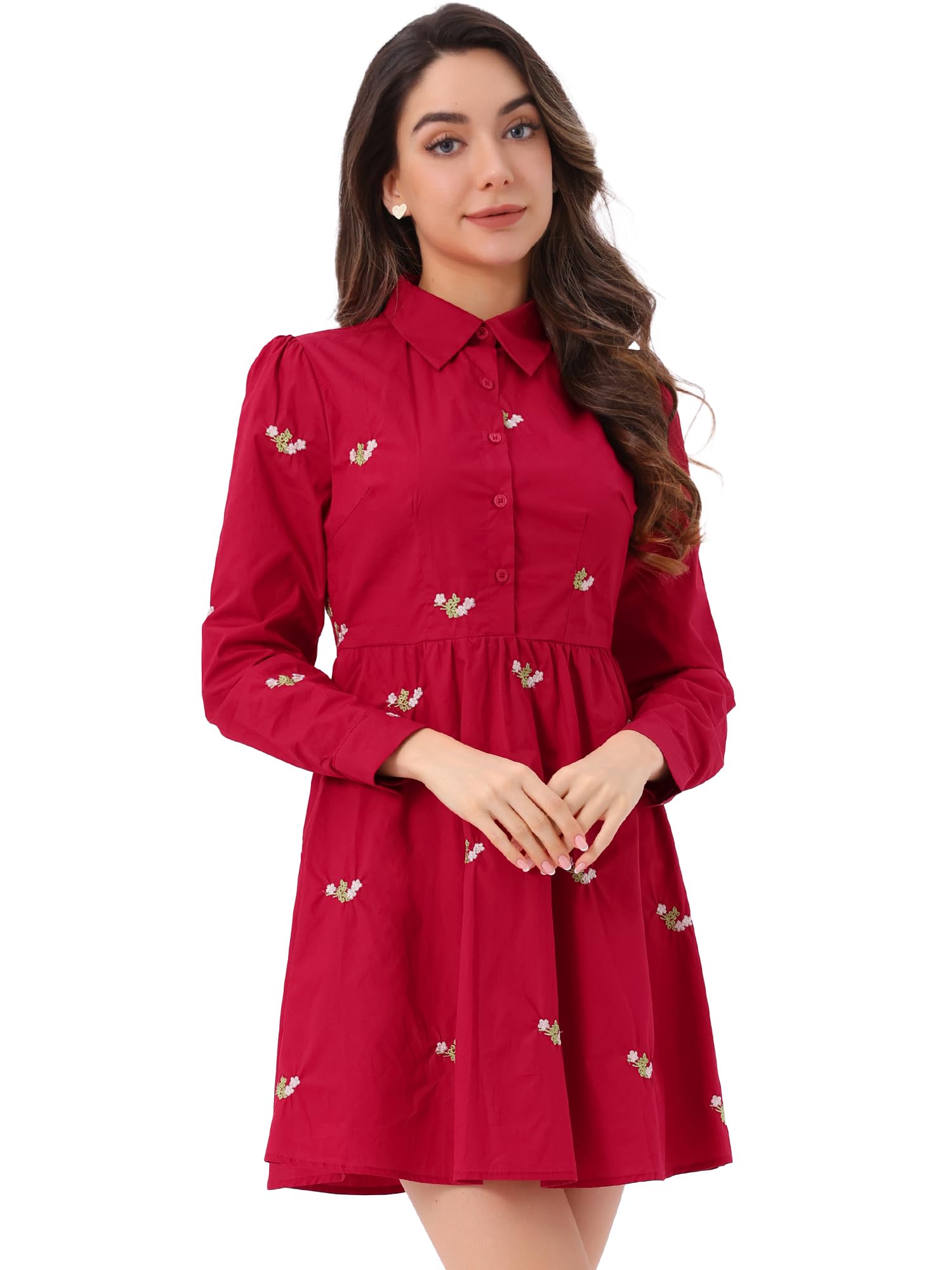 ( size M )Allegra K Women's Shirt Dress Floral Long Sleeve Button Up Casual Mini Dresses