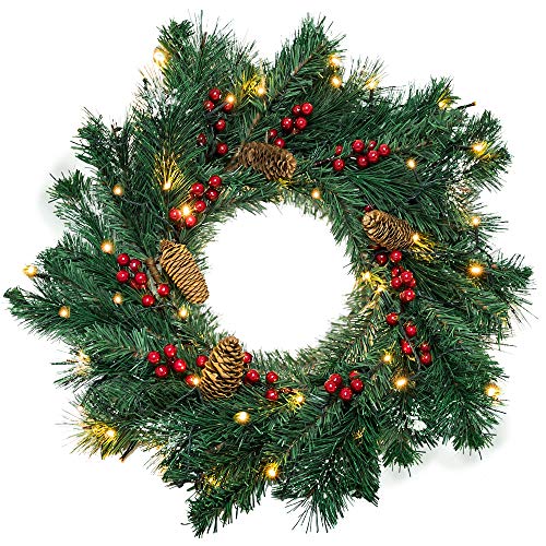 EOOUT Christmas Wreath, 55cm/22inch Handmade Wreath, Red Berries and Pine Cones with 50 Warm White LED Battery String Lights, Holiday...