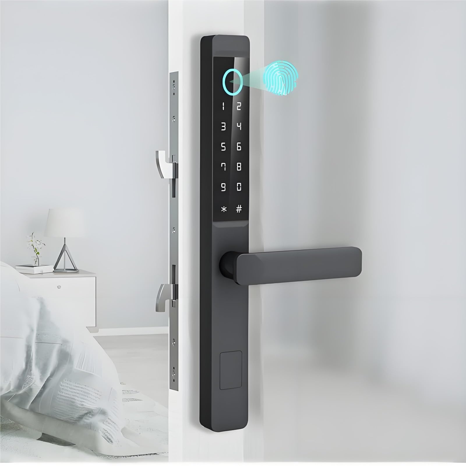Cerradura inteligente huella WiFi para puerta — Cerradura electrónica sin llave JCF3387, mortise gancho 2885, para puertas 30–110mm, aleación de aluminio, manilla reversible