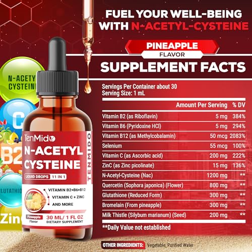 Image of 11in1 Nac Supplement N-Acetyl Cysteine Liquid Drops with Quercetin, B-Complex, Selenium, Glutathione, Bromelain, Milk Thistle, and More - 30ml 1 Fl Oz