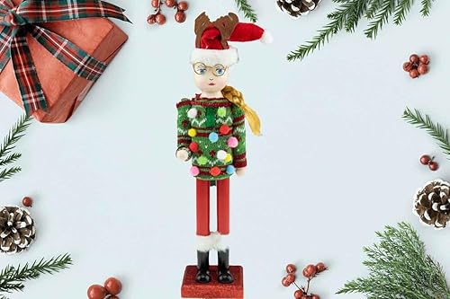 Miniatura 5 de Clever Creations Ugly Sweater Girl - Cascanueces de madera tradicional de 14 pulgadas, decoración navideña festiva para estantes y mesas (suéter feo