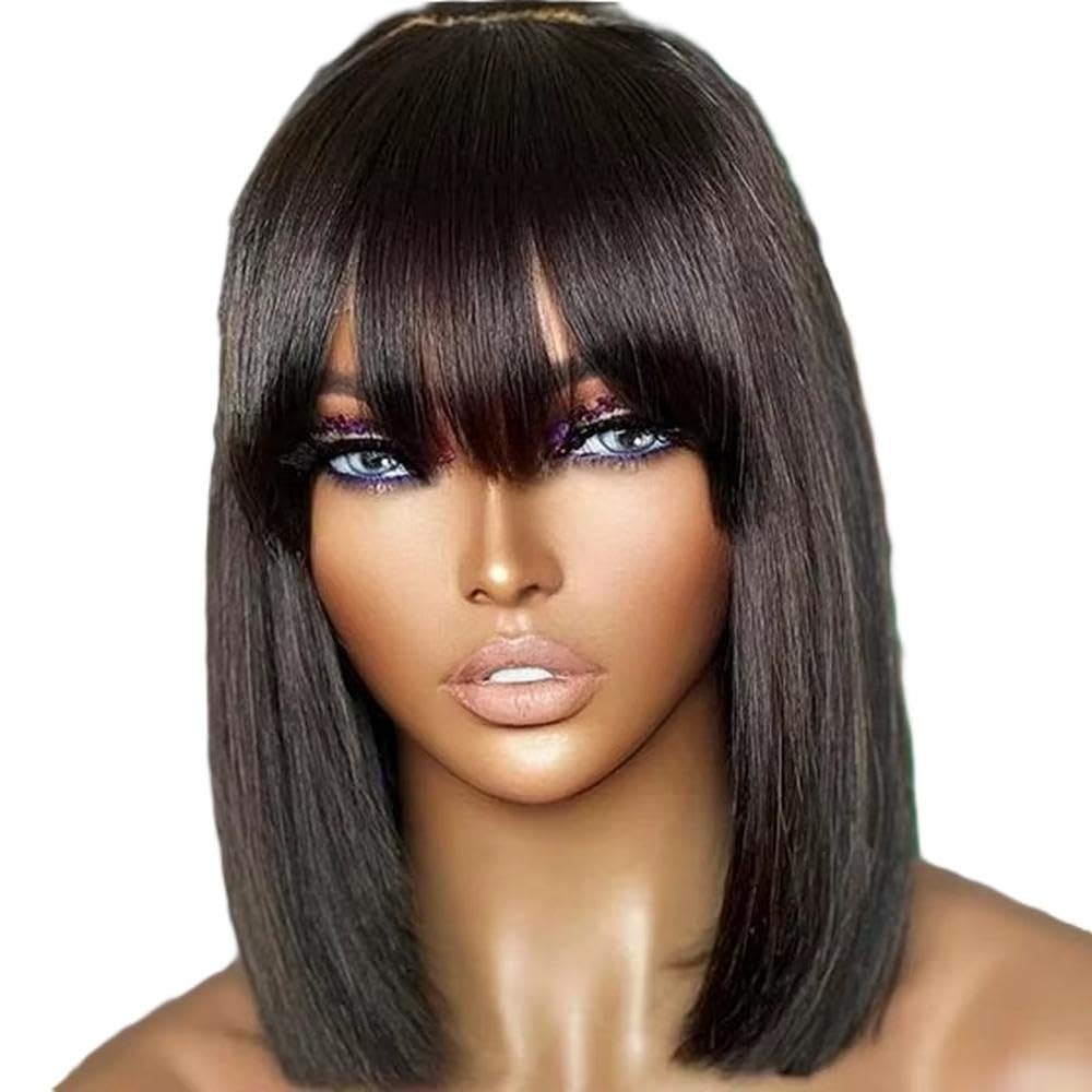 Haarpflege Hightlight Burgunderrote Kurze Gerade Bob-Echthaarperücke Mit Pony Vollständig Maschinell Hergestellt Für Frauen(Black,8inches)