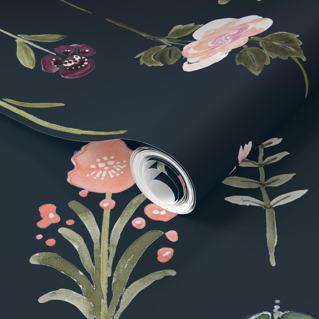 Removable Wallpaper 3ft x 2ft - Flower Midnight Floral Vintage Rose Blush Sage Custom Pre-Pasted Wallpaper by Spoonflower