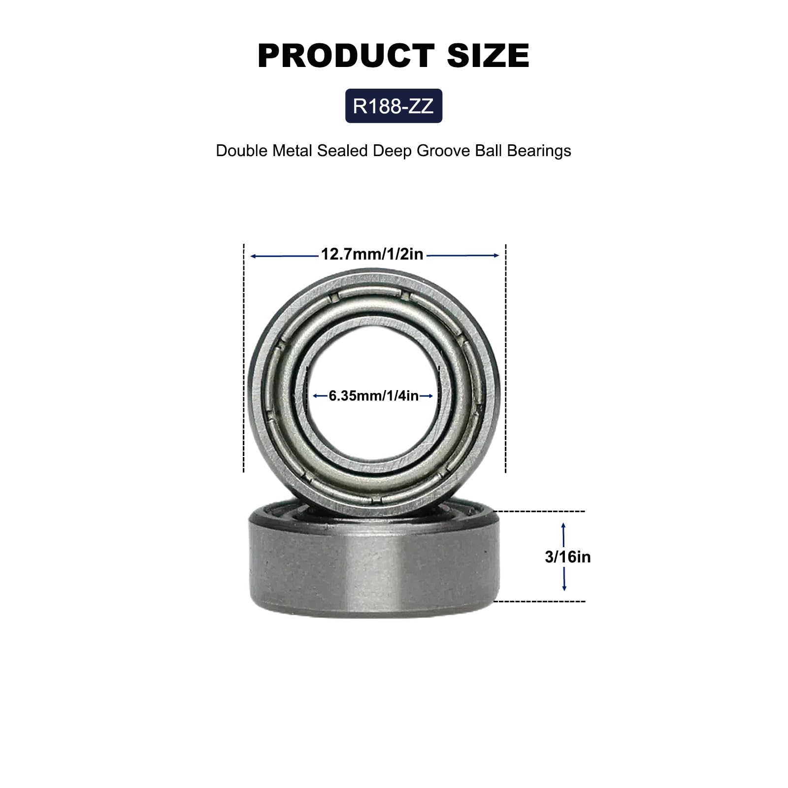 20 PCS R188ZZ Deep Groove Ball Bearings - 1/4 Inch x 1/2 Inch x 3/16 Inch - Both Sides Metal Shielded Chrome Steel Bearings for Small Mechanical Equipment (R188-ZZ) - 2