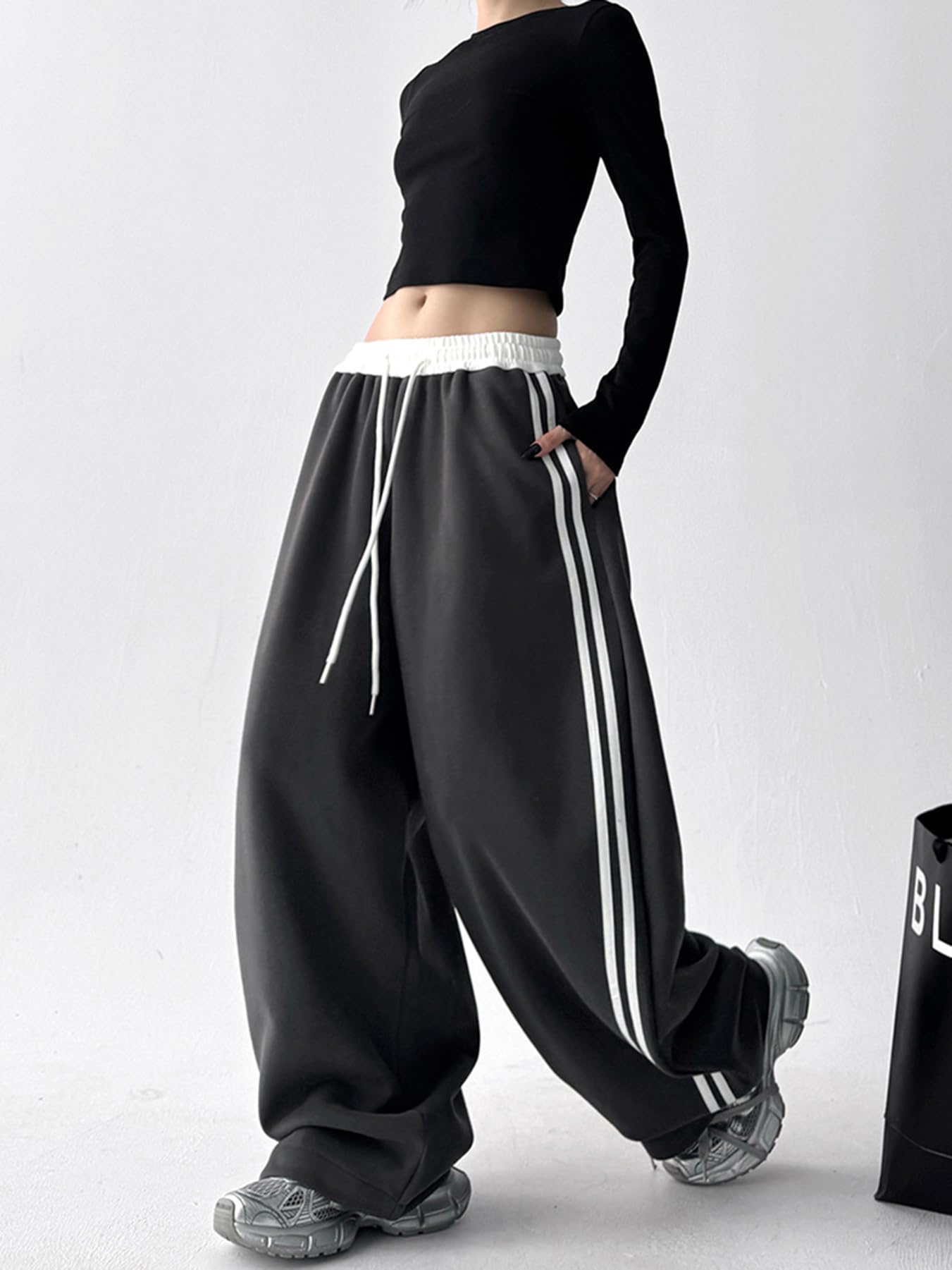 Jogginghose Damen Baggy Sweatpants Y2K Teenager Mädchen Sporthose Vintage Weites Bein Freizeithose Lockere Hosen mit Taschen