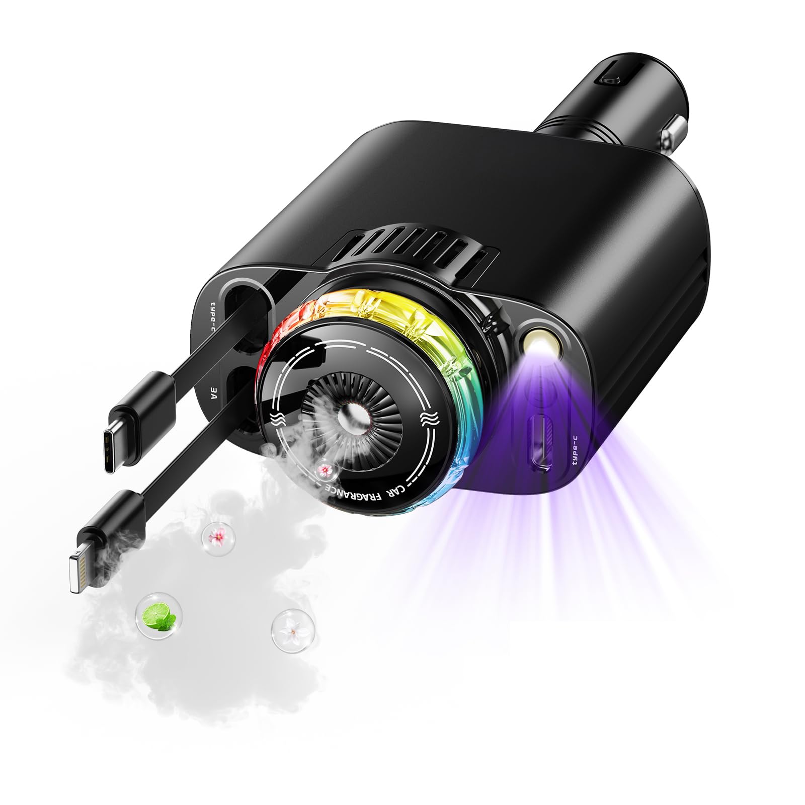 Aromatherapy 5 in 1 Retractable Car Charger with Starlight, USB C Car Charger Adapter and 2 USB Ports, Aroma Starry Sky Car Air Freshener Diffuser Fast Charging Compatible with iPhone 16 15 14 13 12