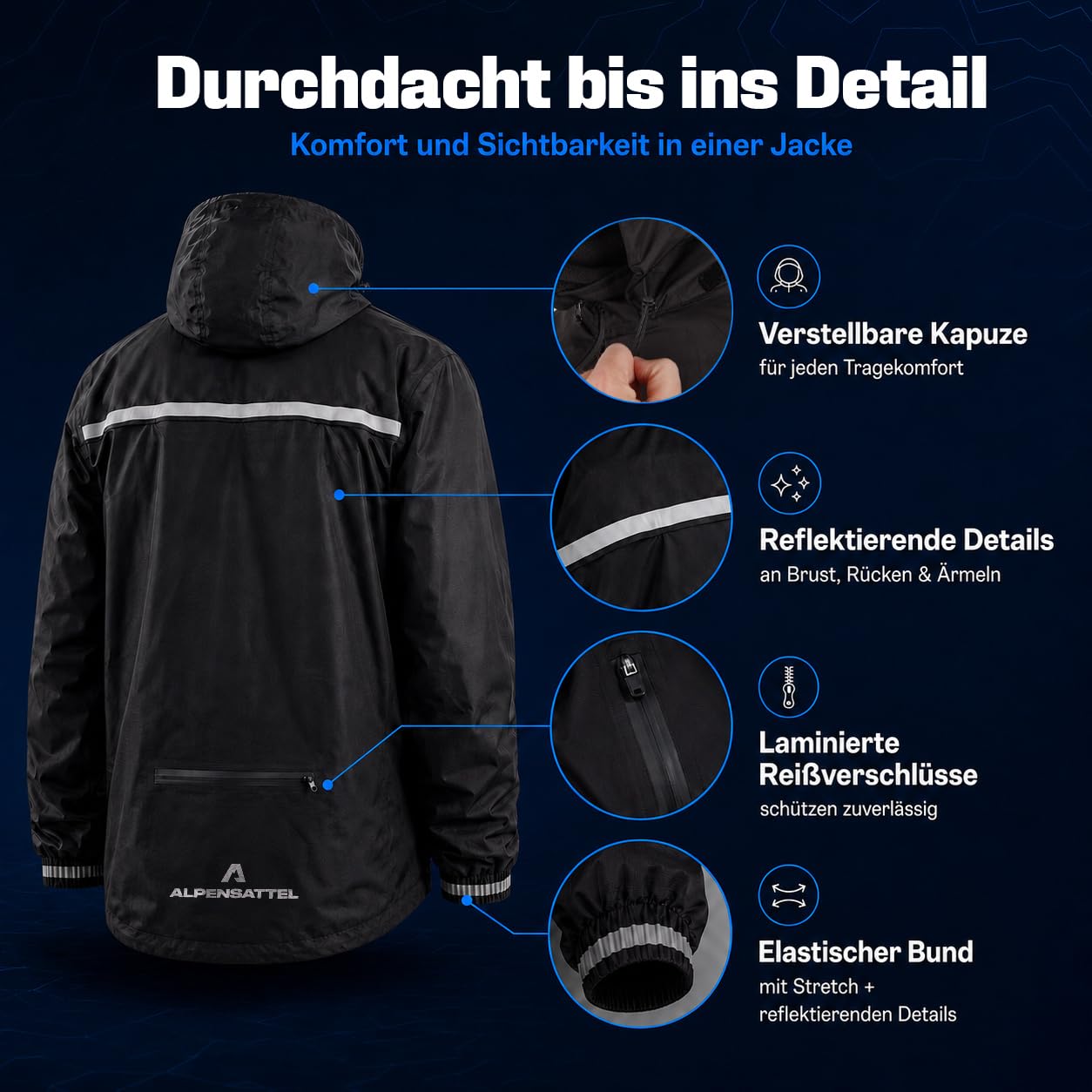 Alpensattel RainShield Fahrradjacke | Wind- & Wasserdichte Regenjacke für Damen & Herren | Leichte & Atmungsaktive Fahrrad Jacke | Reflektierend mit optimalem Schutz vor Regen & Wind | S-XXl wählbar