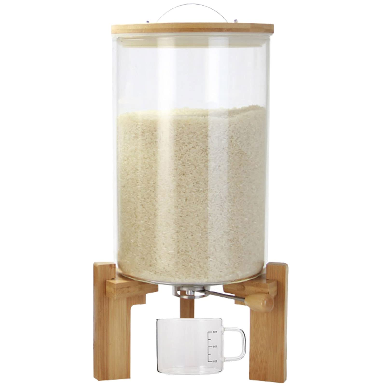 Dispenser di riso, contenitore per la conservazione cereali di riso ermetico a prova di polvere, ripiano distributore di cereali in vetro, misurino + supporto in legno di bambù, a prova di umidità p