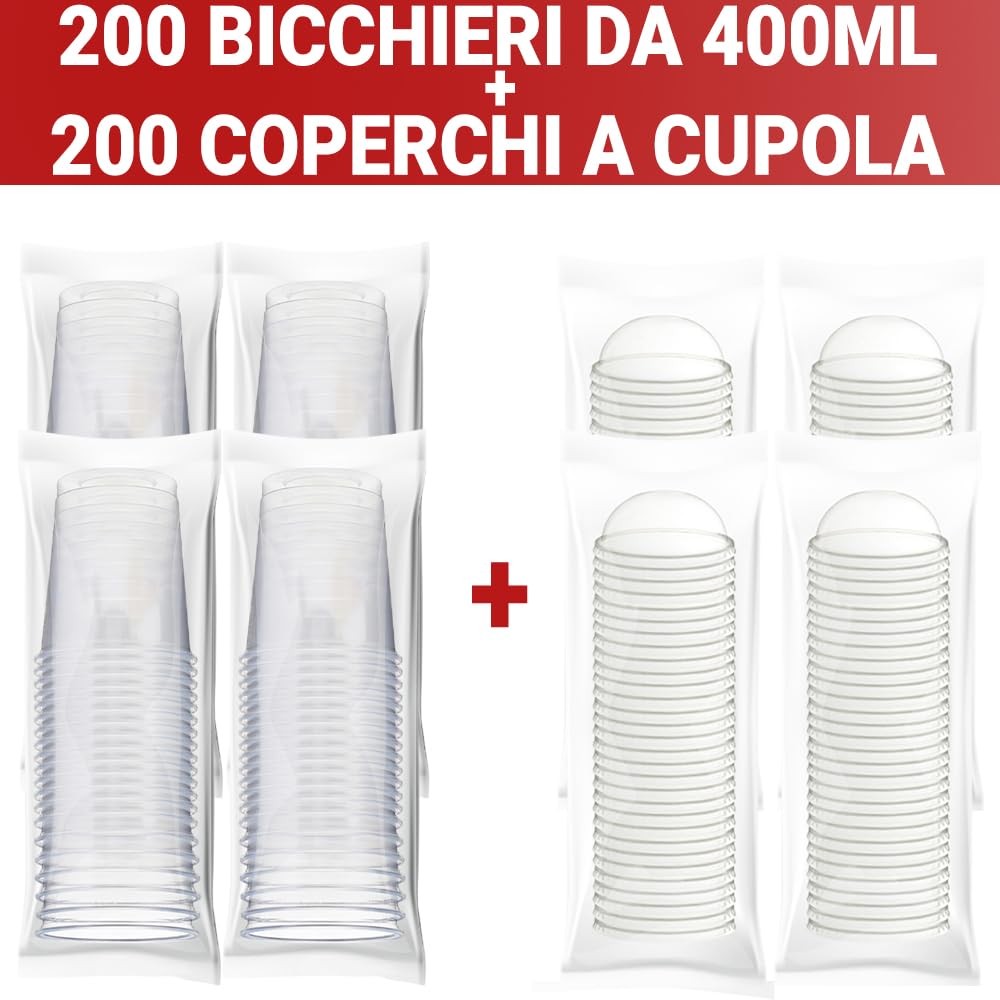 G.M. DISTRIBUZIONE 200 Bicchieri Macedonia in PP da 400ml + 200 Coperchi A Cupola in PS, Bicchieri e Coperchi Trasparenti, Bicchiere Riutlizzabile Alta Qualità per Bar e Gelaterie