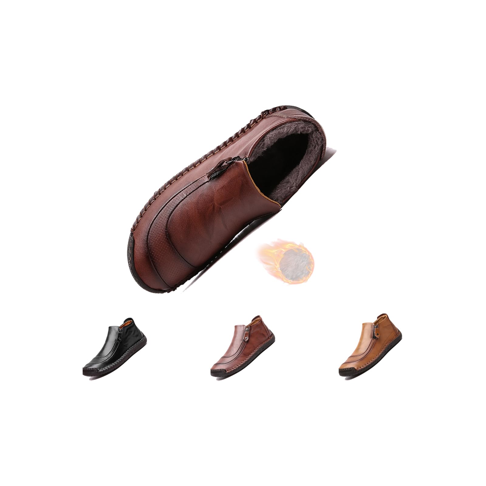 Men's Leather Ankle Boots Men's Faux Leather Zipper Breathable Slip on Loafers Handmade Casual Waterproof Slip On Driving Shoes for Outdoor Work Hiking