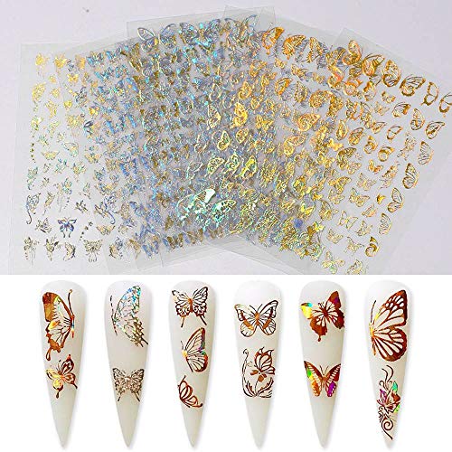 BiBiSi Butterfly Nail Art Decals Sticker Gold Nail Art Supply Adhesive Sticker 8 Sheets Butterfly Design Nail Foil 3D Luxury Laser Gold Silver Color Butterflies Sticker for Acrylic Nails Design